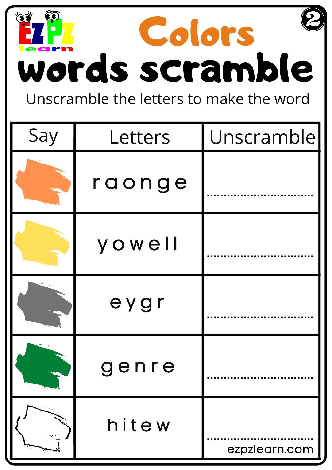 Colors Word Scramble Worksheet for Kindergarten K5 and ESL PDF Download